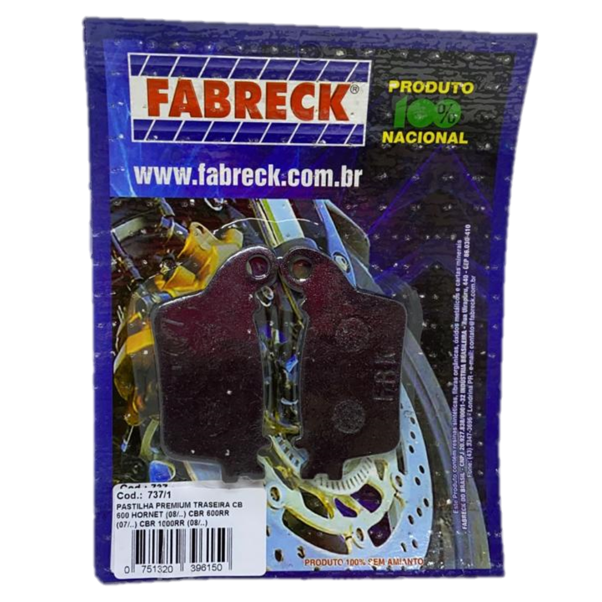 PASTILHA FREIO CB600 HORNET S/ABS TRASEIRA FABRECK