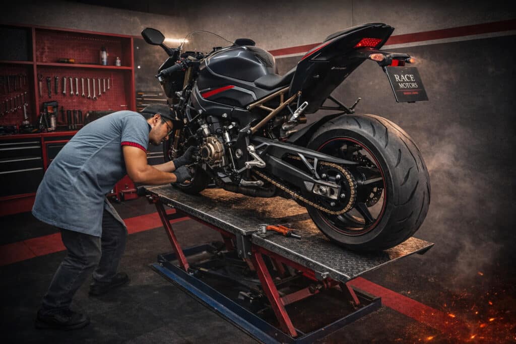 Revisão de moto na bancada da oficina Race Motos
